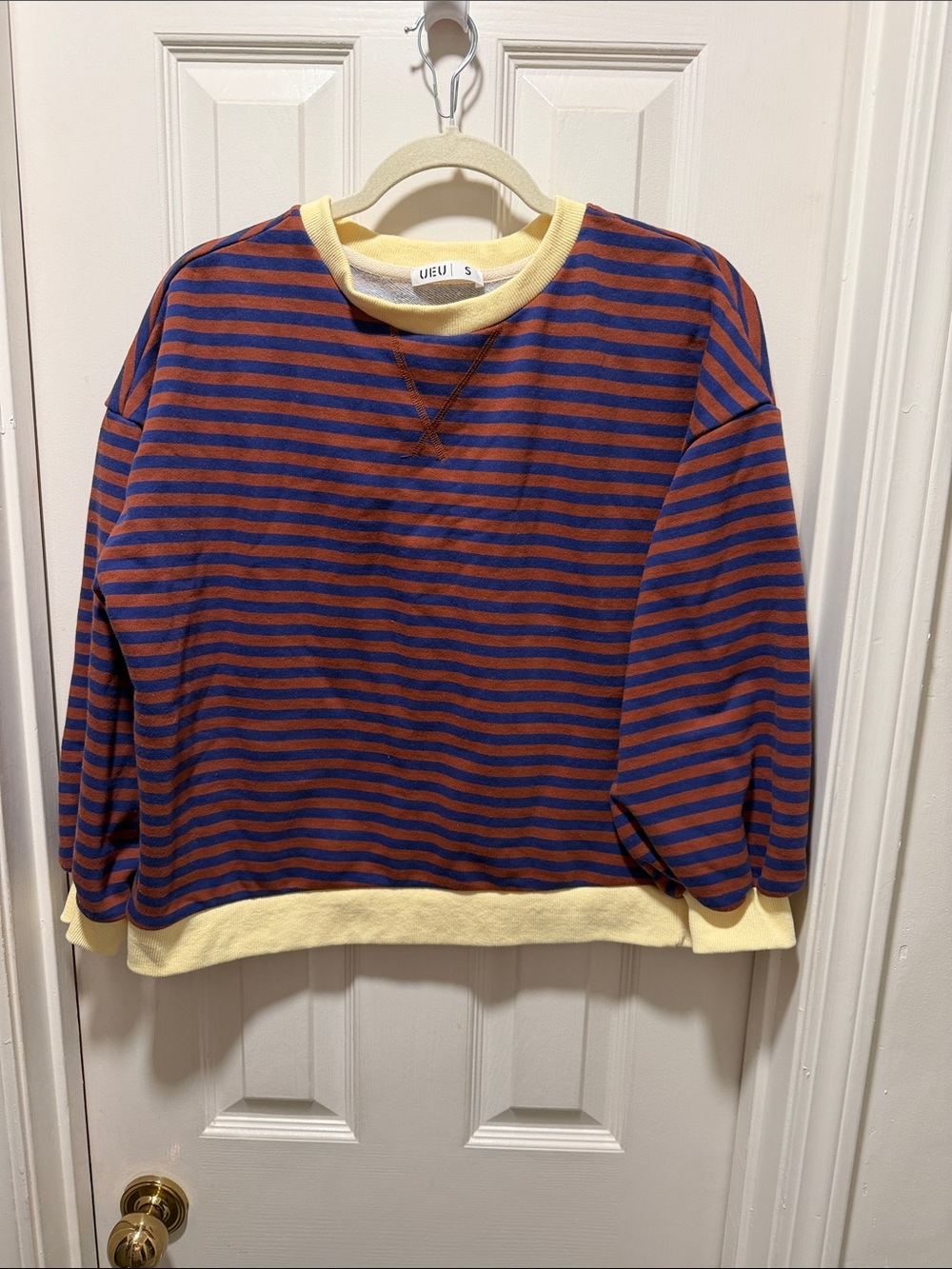 We The Free Navy and Rust Striped Crewneck Sweater with Cream Trim